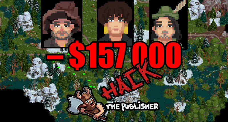 Screenshot of Palm Kingdoms 3 with HackThePublisher logo, three avatars of the main figures, and a red inscription: -$157k